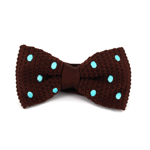 Brown Knitted Bow Tie with Turquoise Polka Dots