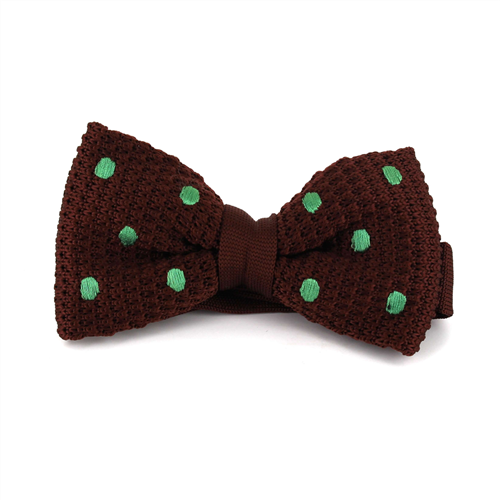 Brown Knit Bow Tie with Green Polka Dots