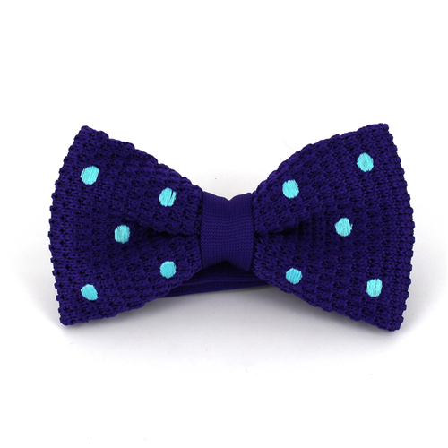 Purple Knitted Bow Tie with Turquoise Polka Dots