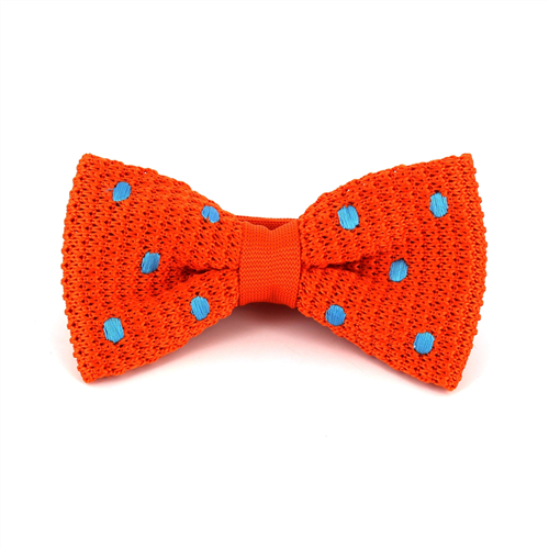 Orange Knit Bow Tie with Sky Blue Polka Dots