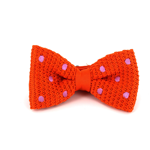 Orange Knit Bow Tie with Lilac Polka Dots