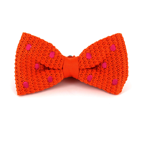 Orange Knit Bow Tie with Magenta Polka Dots