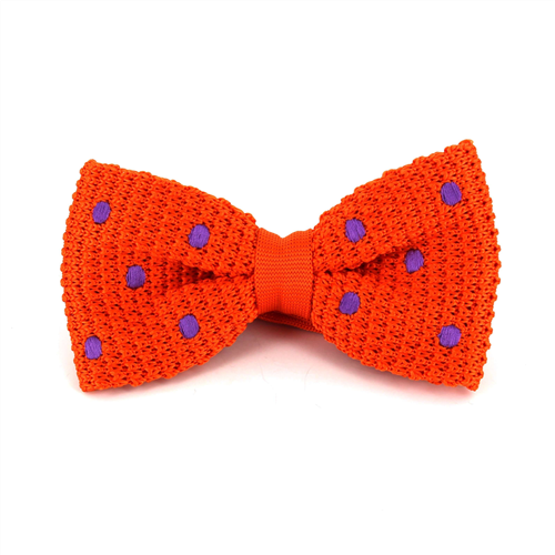 Orange Knit Bow Tie with Purple Polka Dots