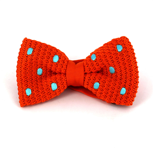 Orange Knitted Bow Tie with Turquoise Polka Dots