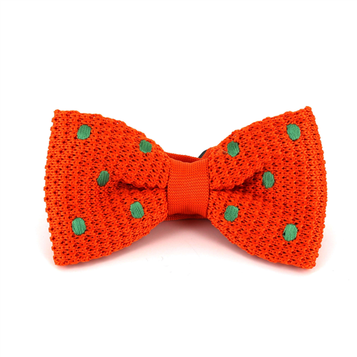 Orange Knit Bow Tie with Green Polka Dots
