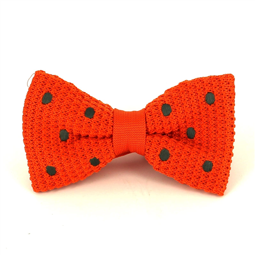 Orange Knit Bow Tie with Dark Green Polka Dots