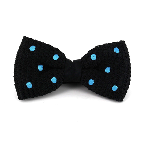 Black Knitted Bow Tie with Sky Blue Polka Dots