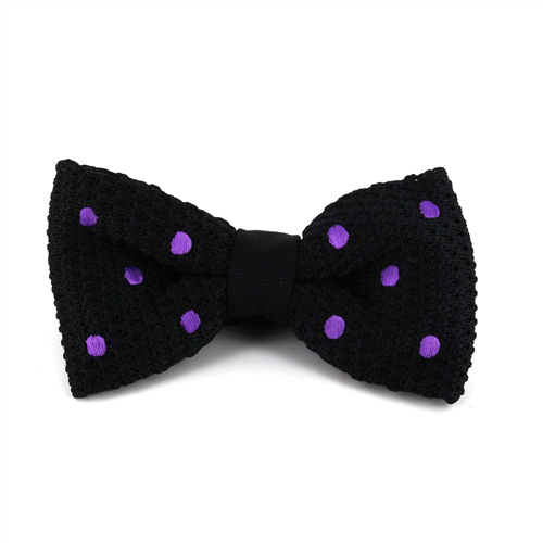 Black Knit Bow Tie with Lilac Polka Dots