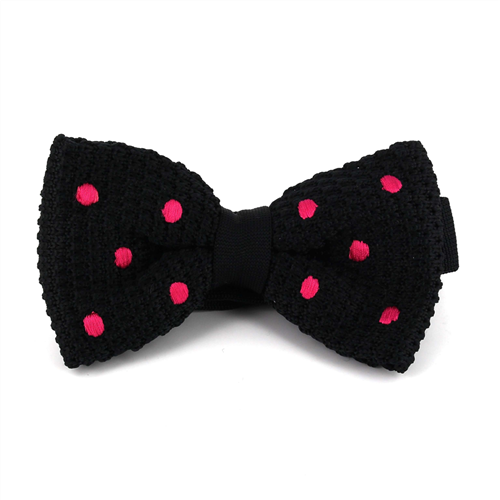 Black Knit Bow Tie with Magenta Polka Dots