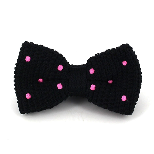 Black Knit Bow Tie with Pink Polka Dots