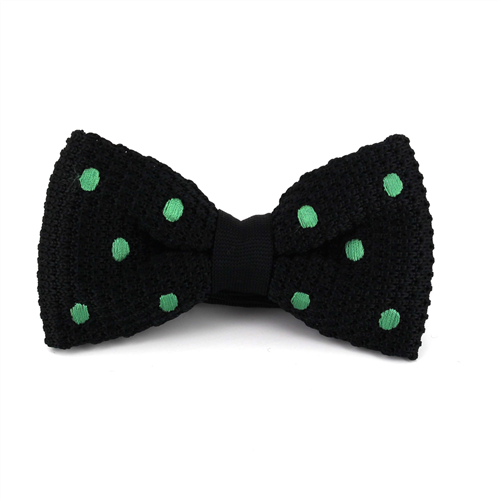 Black Knitted Bow Tie with Green Polka Dots
