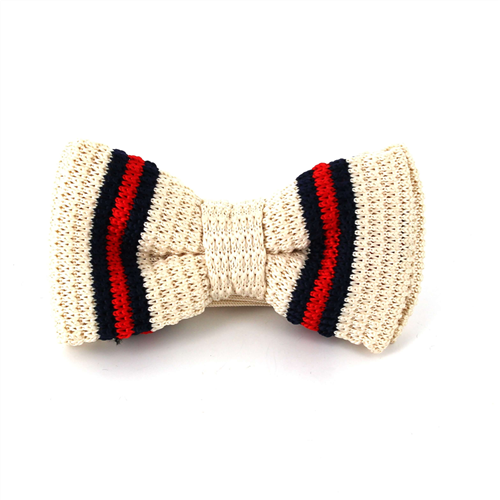 Beige Striped Knit Bow Tie