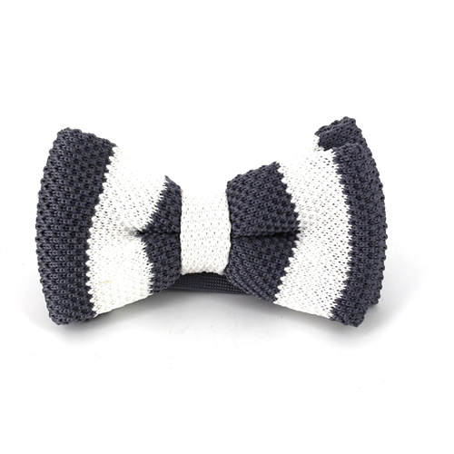 Grey and White Striped Knit Bow Tie