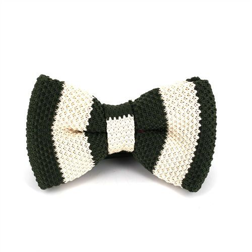 Green and Beige Striped Knit Bow Tie