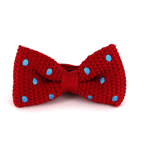Red Knitted Bow Tie with Light Blue Polka Dots