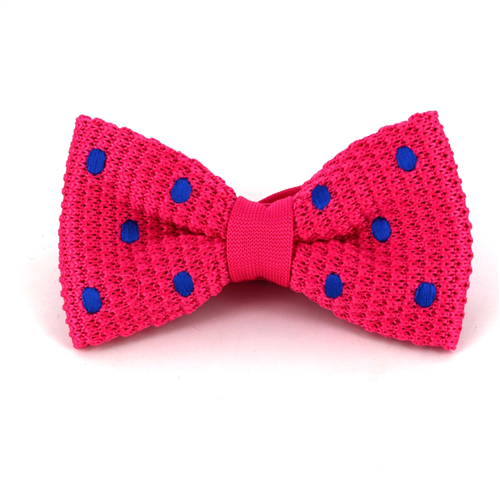 Pink Knitted Bow Tie with Blue Polka Dots