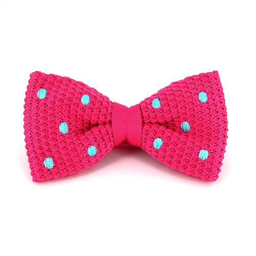 Pink Knitted Bow Tie with Turquoise Polka Dots