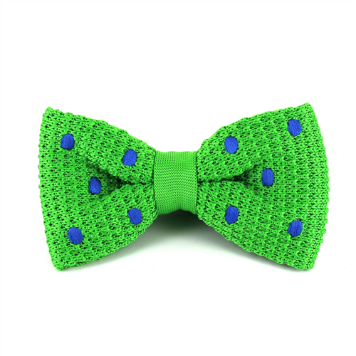 Green Knitted Bow Tie with Blue Polka Dots