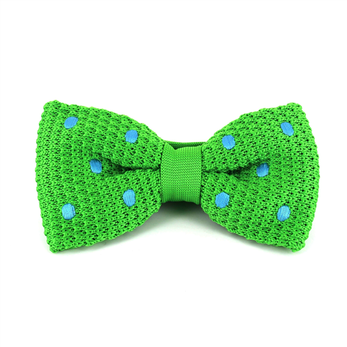Green Knitted Bow Tie with Sky Blue Polka Dots