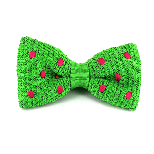 Green Knit Bow Tie with Magenta Polka Dots