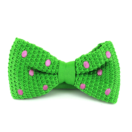 Green Knit Bow Tie with Pink Polka Dots