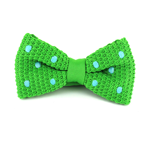 Green Knitted Bow Tie with Turquoise Polka Dots