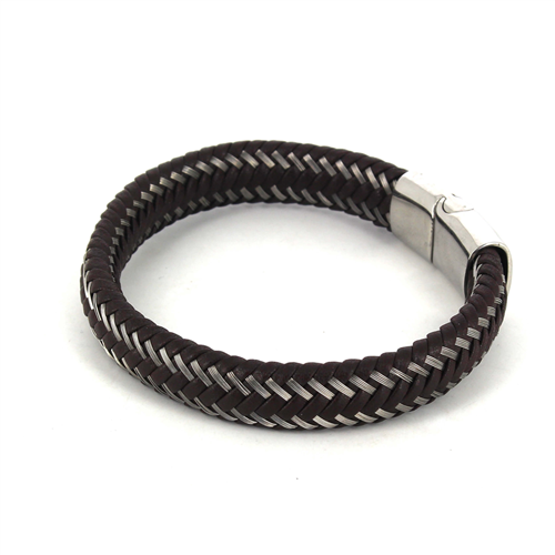 Braided Brown Leather Steel Bracelet