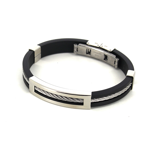 Black Rubber and Steel Bracelet with Rectangular Motif