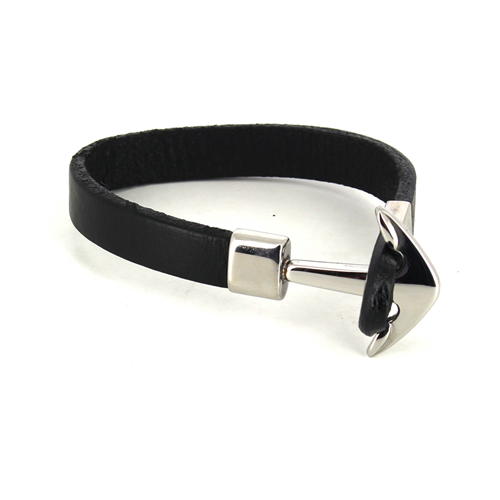 Black Smooth Leather and Steel Anchor Bracelet
