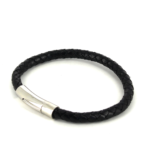 Cylindrical Black Leather and Steel Bracelet