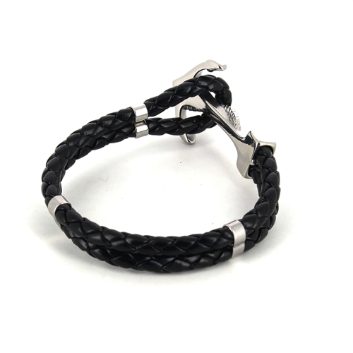 Black Leather and Steel Anchor Bracelet