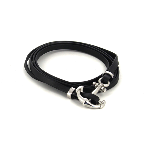 Black Leather and Steel Anchor Bracelet I