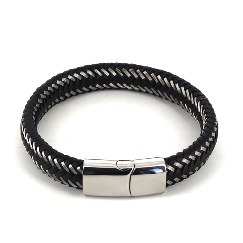 Steel and Black Leather Bracelet I