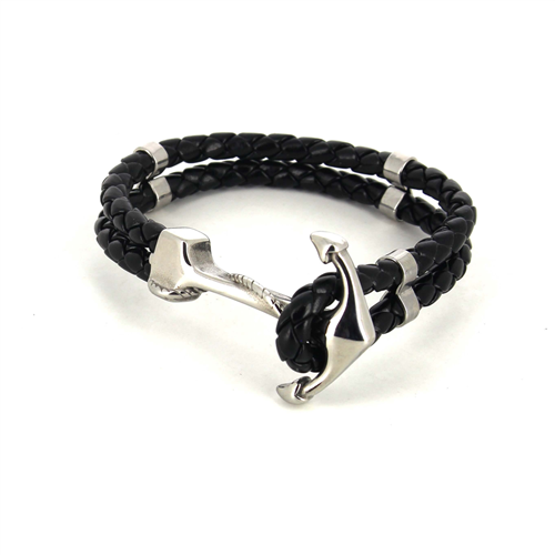 Black Braided Leather and Steel Anchor Bracelet