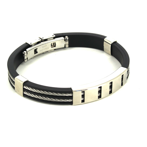 Steel and Black Rubber Cord Bracelet I