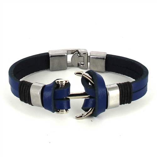 Blue Leather Bracelet with Anchor