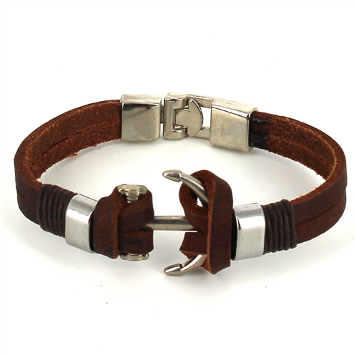 Brown Leather Bracelet with Anchor