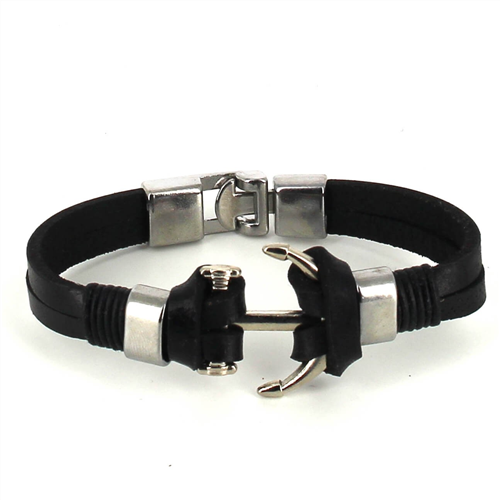 Black Leather Bracelet with Anchor