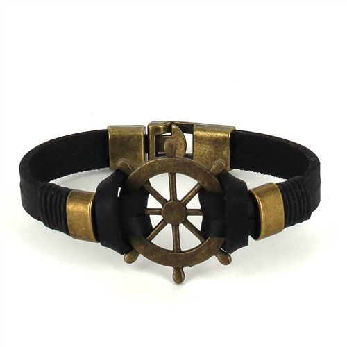 Black Leather Bracelet with Helm