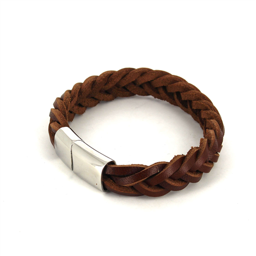 Braided Brown Leather and Steel Bracelet