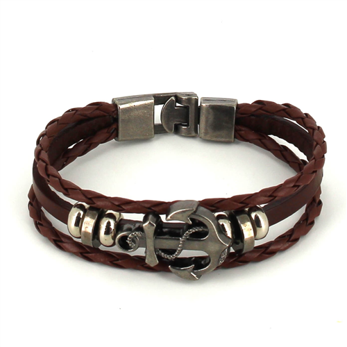 Braided Brown Leather Bracelet with Anchor