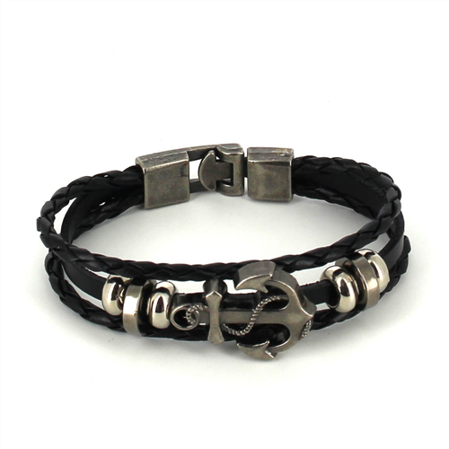 Black Braided Leather Bracelet with Anchor